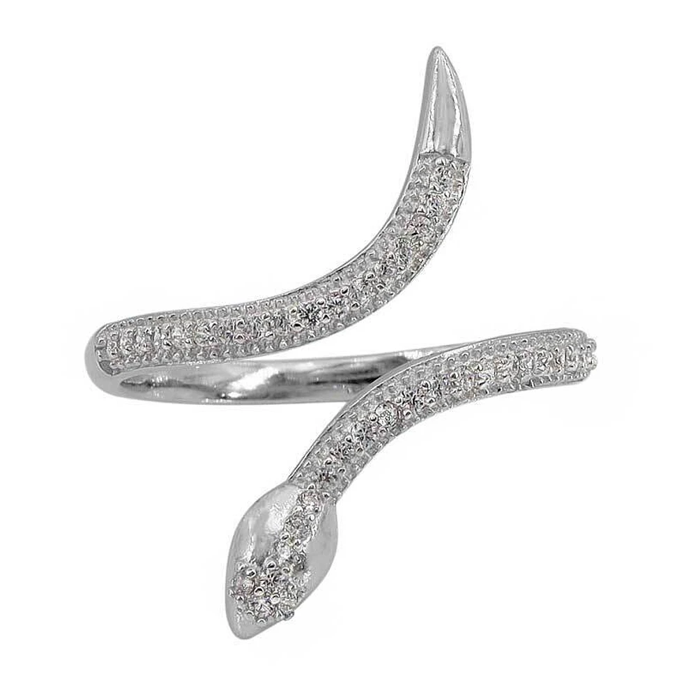 Sterling Silver With Rhodium, Adjustable Snake Ring With Cubic Zirconia, 26mm Width