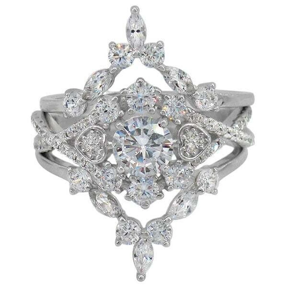 Sterling Silver With Rhodium, 3 Pc Set, Cubic Zirconia Ring, 1mm Band, Center Stone Is Approximately 6mm