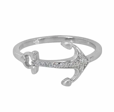 Sterling Silver With Rhodium, 14X11mm Anchor Ring With Cubic Zirconia
