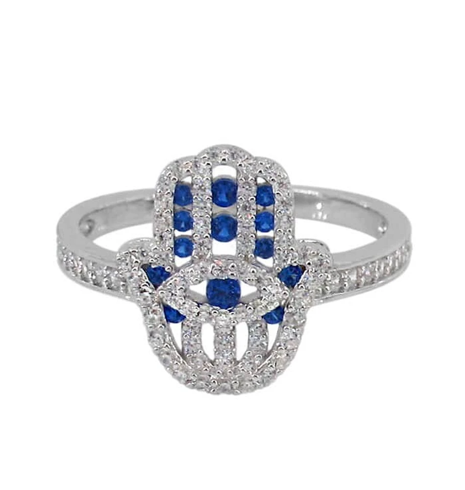 Sterling Silver With Rhodium, Hamsa Ring With Cubic Zirconia, 2mm Band