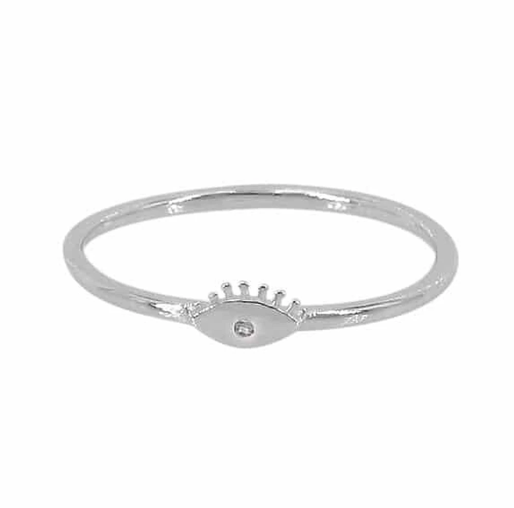 Sterling Silver With Rhodium, 3X6mm Evil Eye Ring With 1mm Cubic Zirconia, 1mm Band
