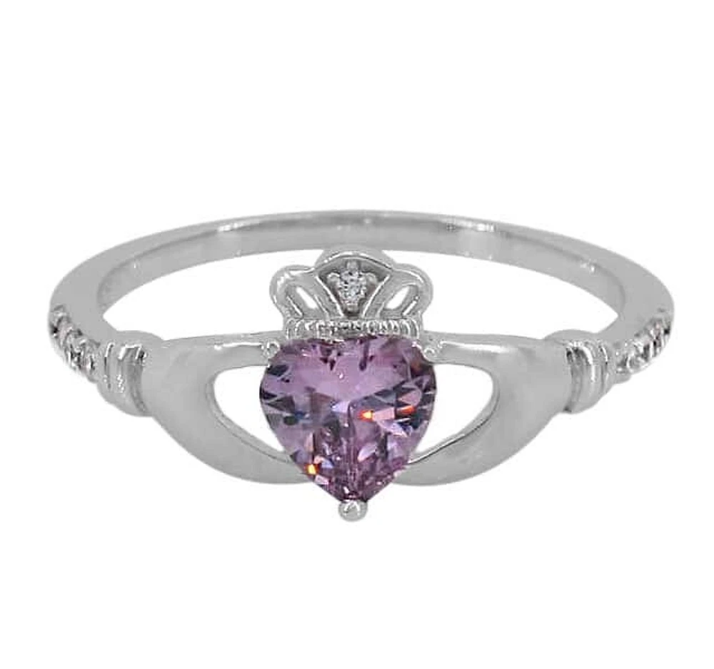 Sterling Silver With Rhodium, Claddagh Ring With 6X6mm Cubic Zirconia