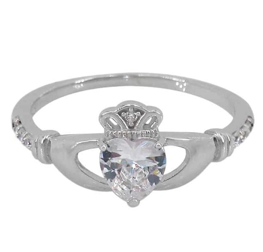 Sterling Silver With Rhodium, Claddagh Ring With Cubic Zirconia, Center Stone Is Approximately 6X6mm