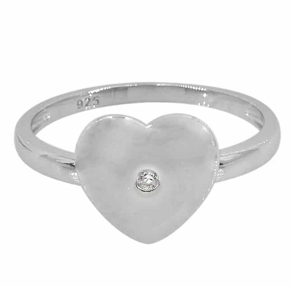 Sterling Silver With Rhodium, 11X10mm Heart Ring With Cubic Zirconia, 2mm Band