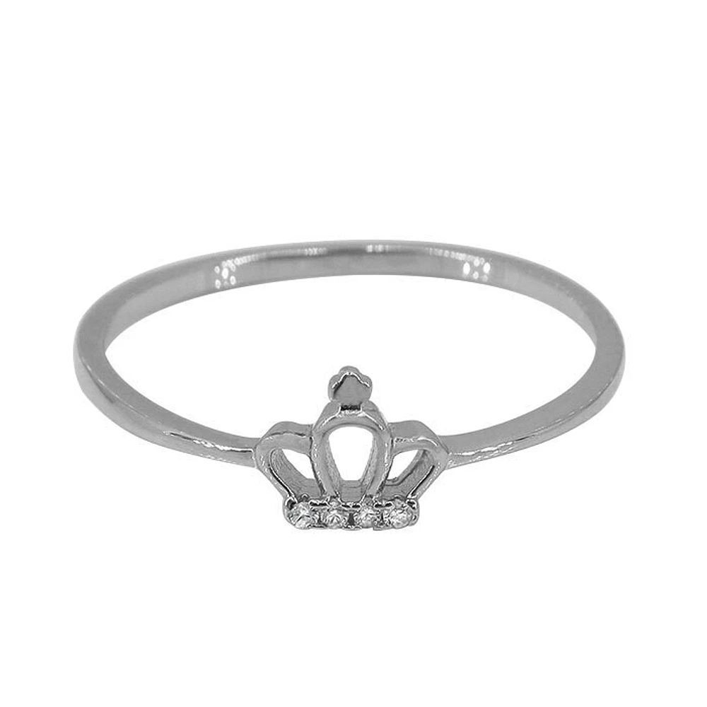 Sterling Silver With Rhodium, 6X7mm Crown Ring With Cubic Zirconia, 1mm Band.