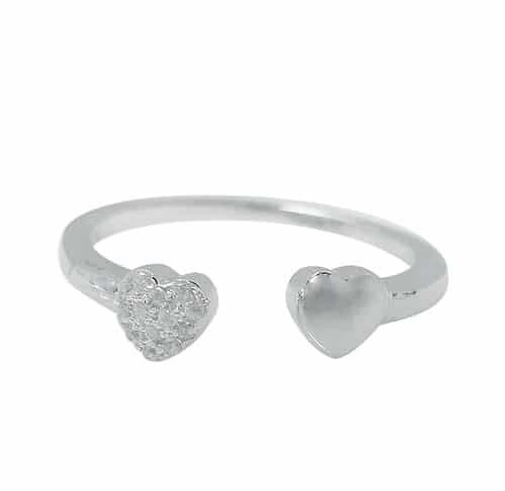 Sterling Silver With Rhodium, Double 5mm Heart Ring With Cubic Zirconia, 1.5mm Band