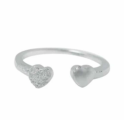 Sterling Silver With Rhodium, Double 5mm Heart Ring With Cubic Zirconia, 1.5mm Band