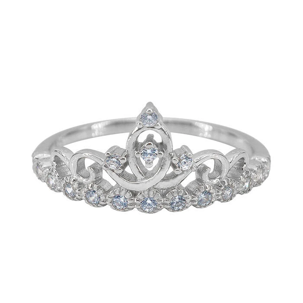 Sterling Silver With Rhodium, 10mm Crown Ring With Cubic Zirconia, 1mm Band