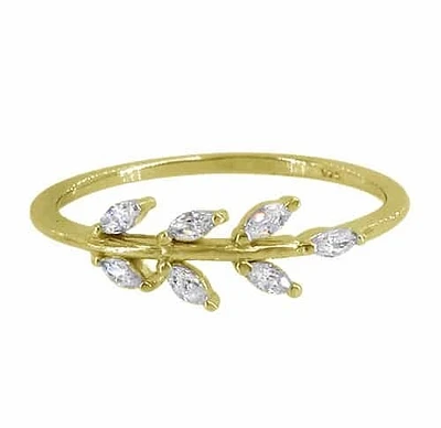 Sterling Silver With Gold, 14X5mm Leaf Ring With Cubic Zirconia, 1mm Band