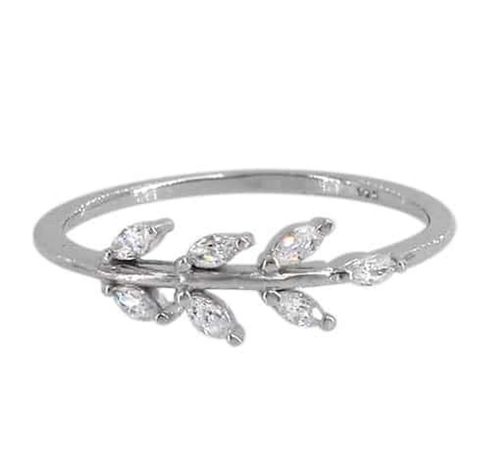 Sterling Silver With Rhodium, 14X5mm Leaf Ring With Cubic Zirconia, 1mm Band