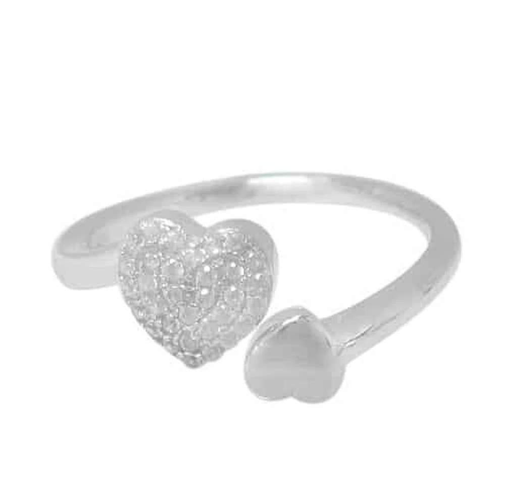 Sterling Silver With Rhodium, Double Heart Ring With Cubic Zirconia, 8mm Width And 1mm Band