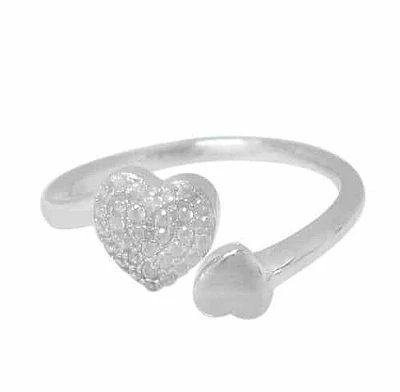 Sterling Silver With Rhodium, Double Heart Ring With Cubic Zirconia, 8mm Width And 1mm Band