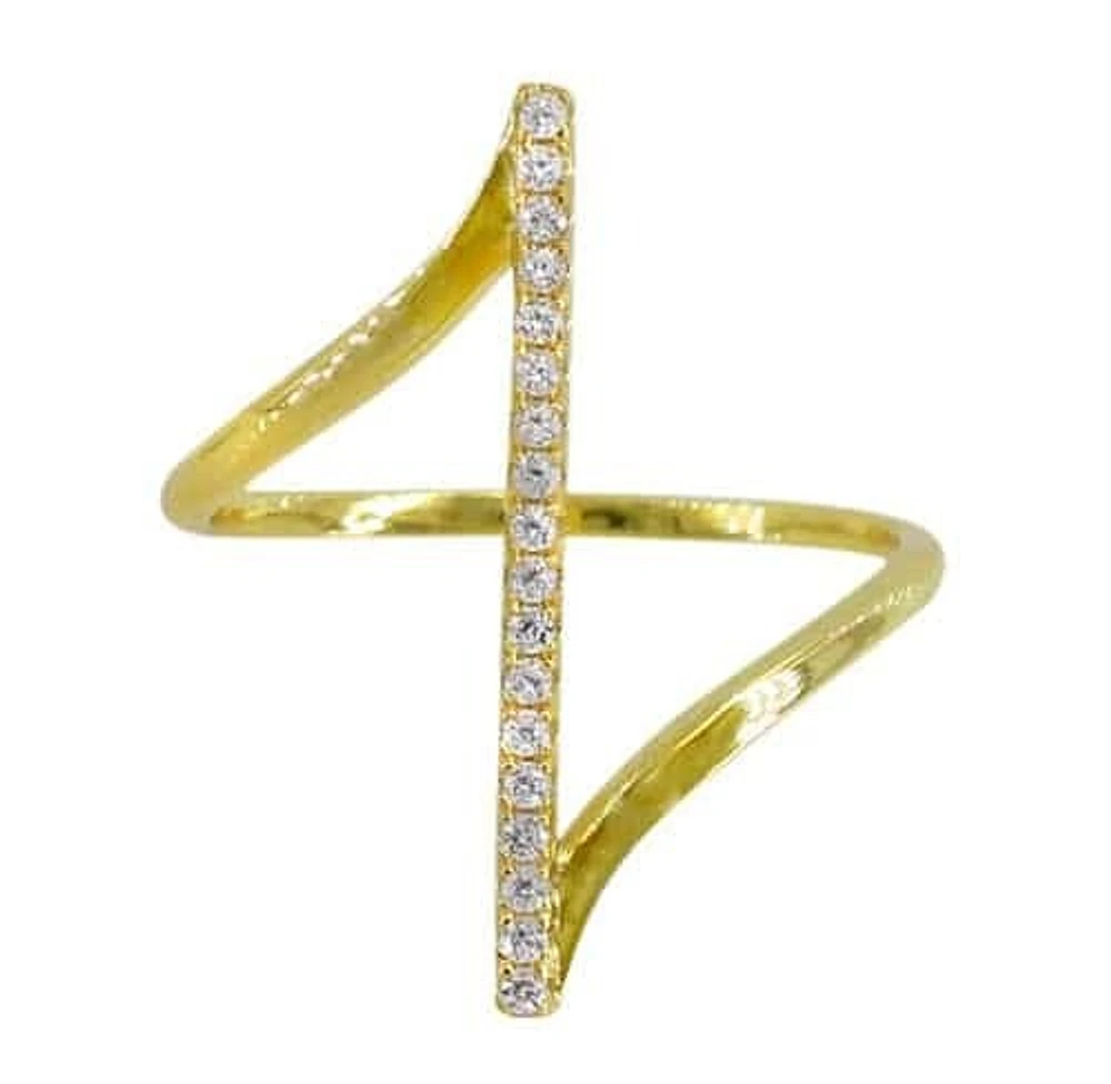 Sterling Silver With Gold, 24mm Vertical Bar Ring With Cubic Zirconia, 1mm Band
