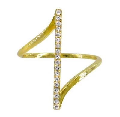 Sterling Silver With Gold, 24mm Vertical Bar Ring With Cubic Zirconia, 1mm Band
