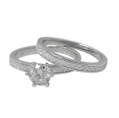 Sterling Silver With Rhodium, 2 Pc Ring Set With 5mm Cubic Zirconia, 2mm Band.