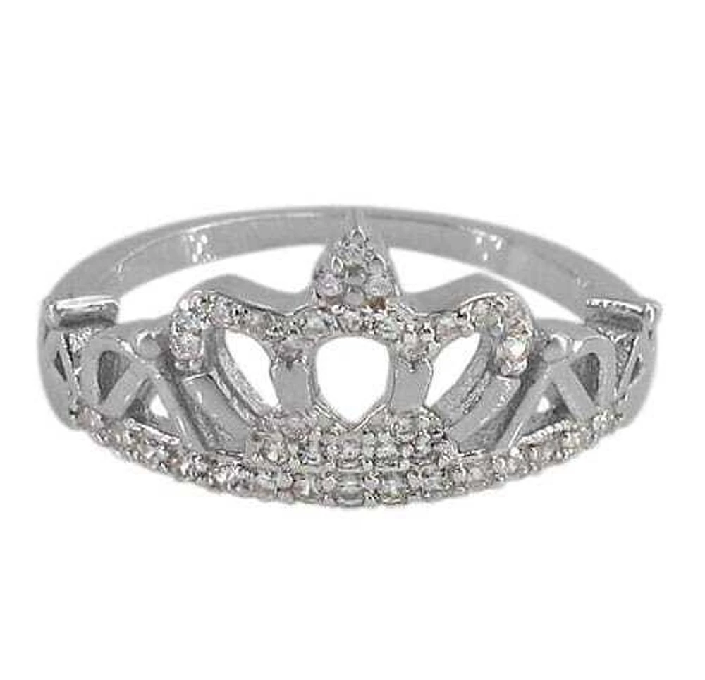 Sterling Silver With Rhodium, 11mm Crown Ring With Cubic Zirconia, 2mm Band
