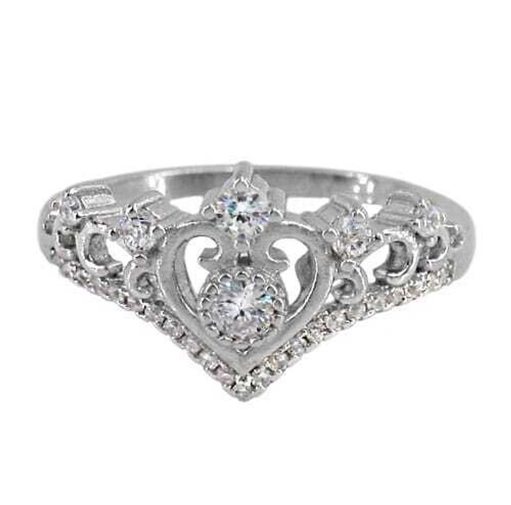 Sterling Silver With Rhodium, 12mm Crown Ring With Cubic Zirconia, 2mm Band