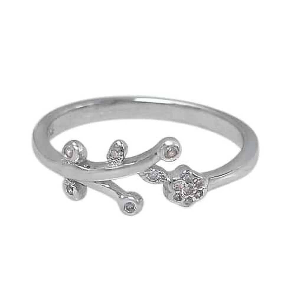 Sterling Silver With Rhodium, Flower Ring With Cubic Zirconia, 7X13mm Width