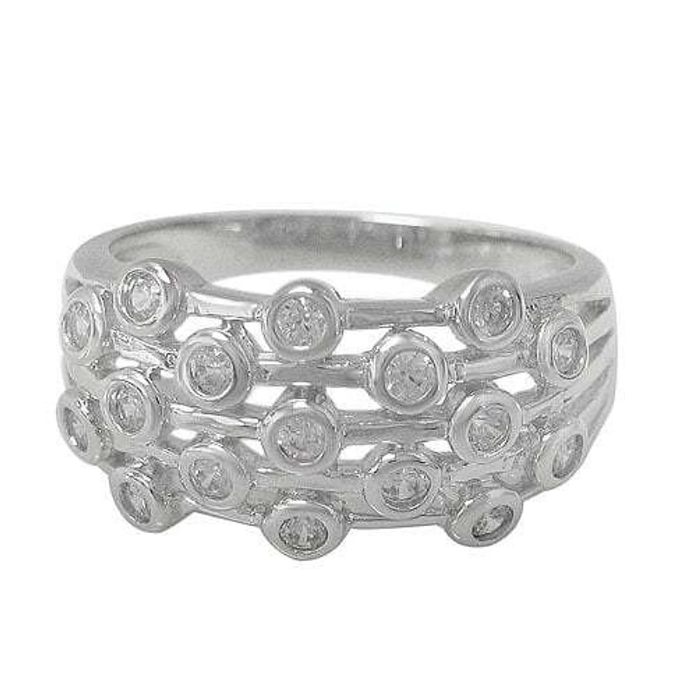 Sterling Silver With Rhodium, Multi Line Ring With Cubic Zirconia