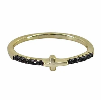 Sterling Silver With Gold, 3X6mm Sideways Cross Ring With Cubic Zirconia