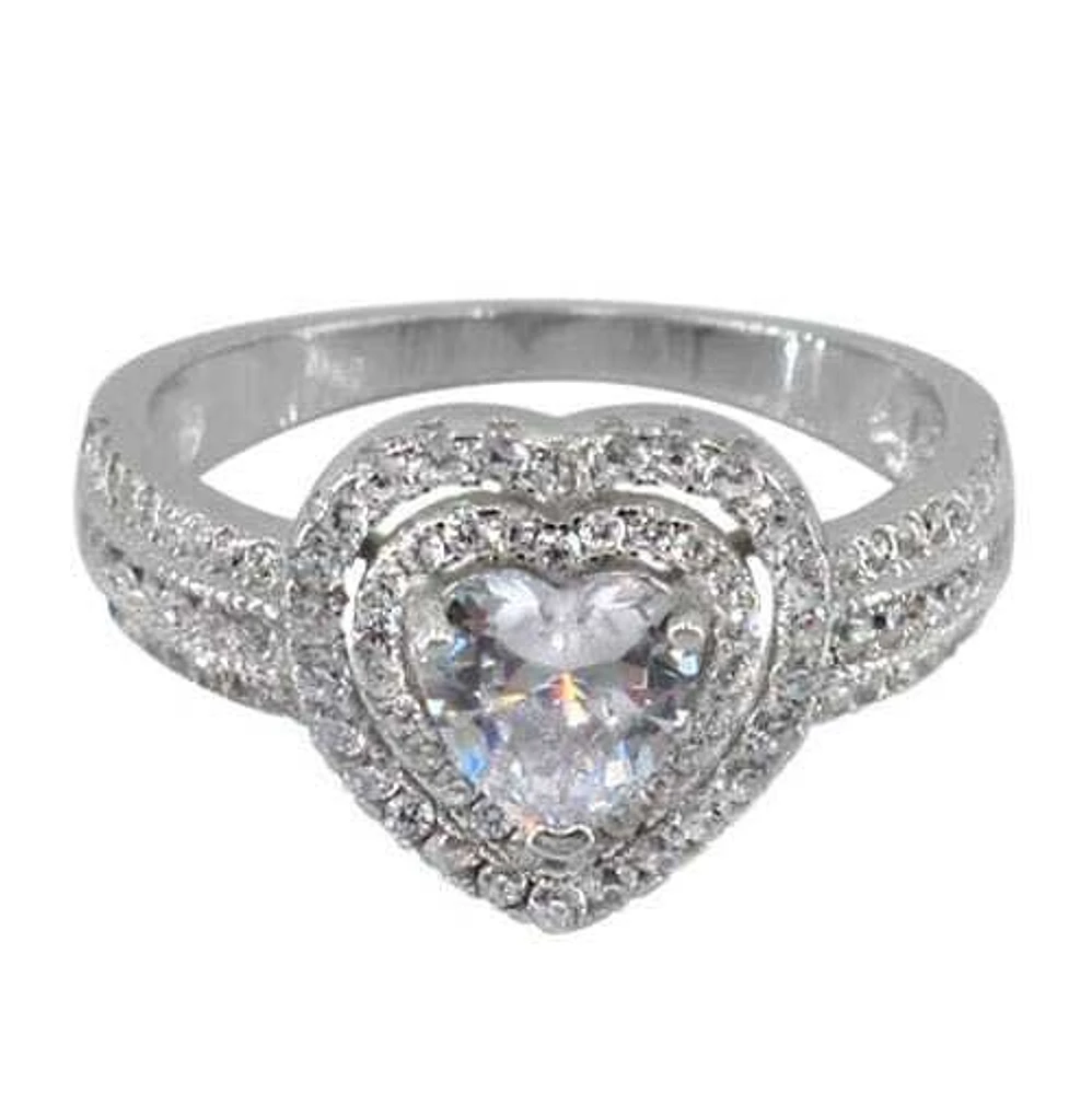 Sterling Silver With Rhodium,12mm Heart Ring Width Cubic Zirconia