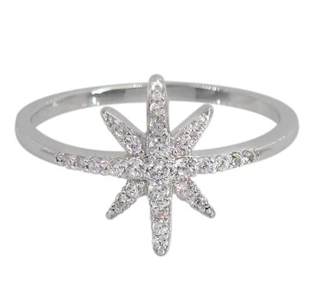Sterling Silver With Rhodium, 13X15mm Star Ring With Cubic Zirconia, 1mm Band.