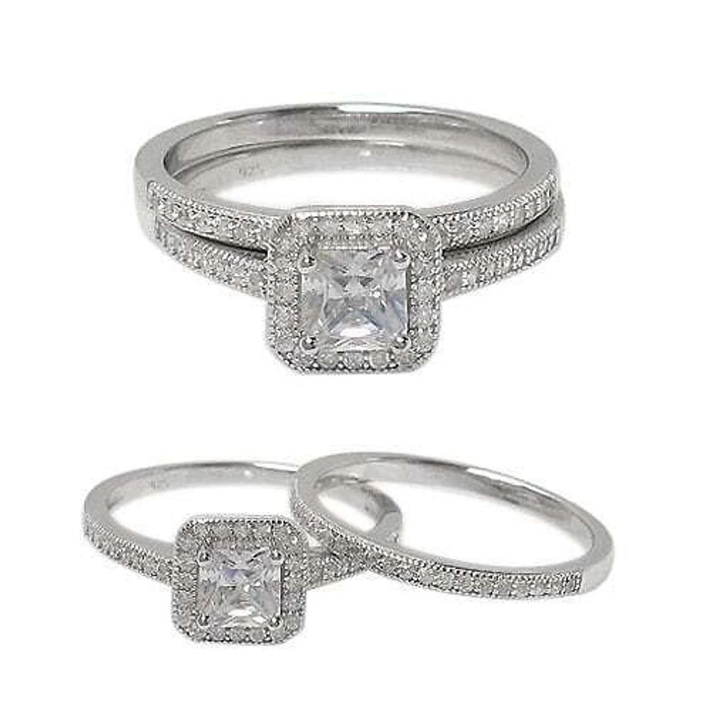 Sterling Silver With Rhodium, Ring Set With 5X5mm Cubic Zirconia, 2mm Band
