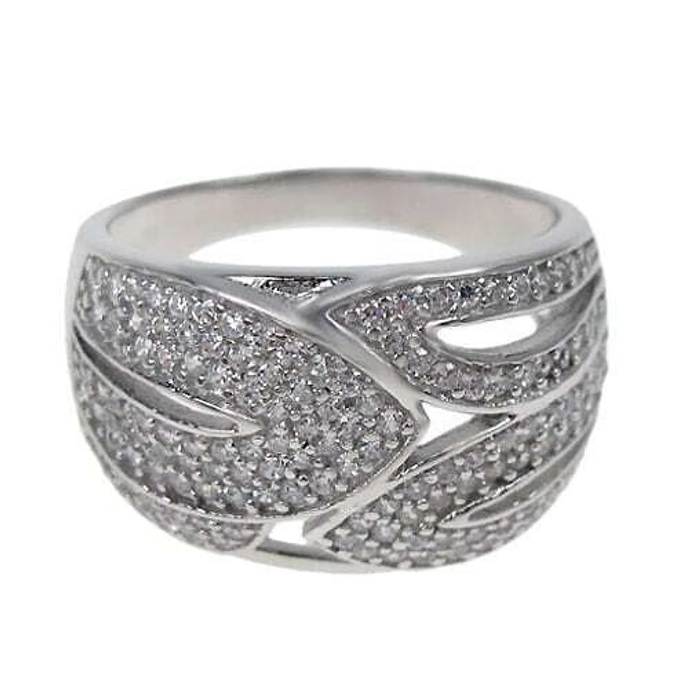 Sterling Silver With Rhodium, Leaf Pattern Ring With Cubic Zirconia, 13.5mm Width