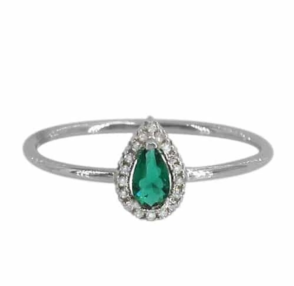 Sterling Silver With Rhodium, mTeardrop Halo Ring With Cubic Zirconia. 1mm Band
