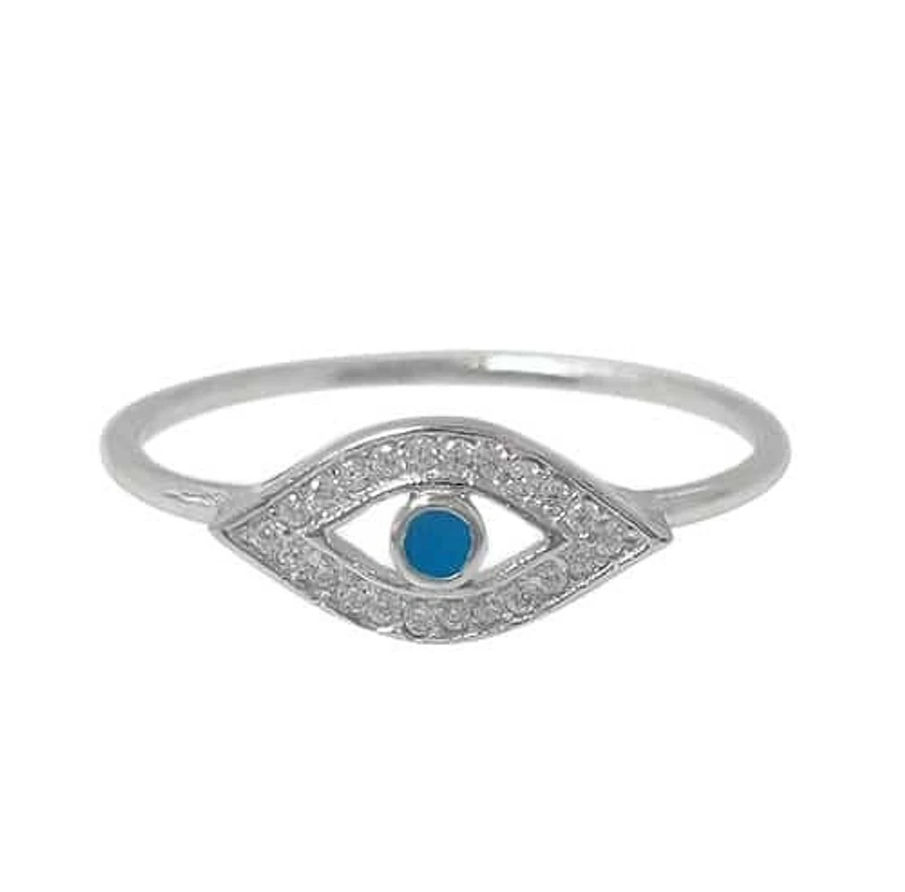 Sterling Silver With Rhodium, Evil Eye Ring With Cubic Zirconia, 6mm Width