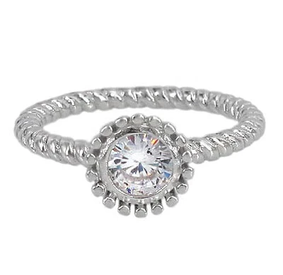 Sterling Silver With Rhodium, Flower Ring With 5mm Cubic Zirconia, 2mm Band