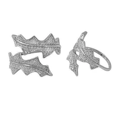 Sterling Silver With Rhodium, Adjustable Leaf Ring With Cubic Zirconia, 16mm Width