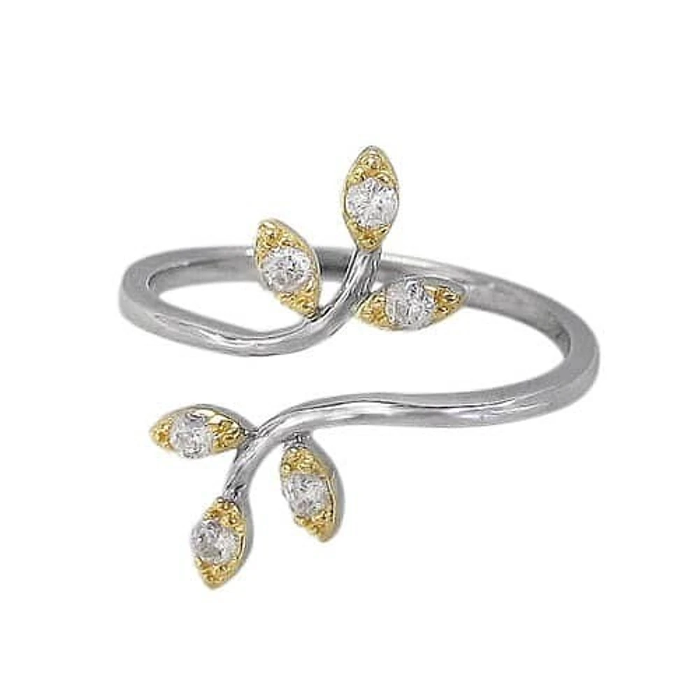Sterling Silver With Rhodium, Adjustable Leaf Ring With Cubic Zirconia, 19mm Width