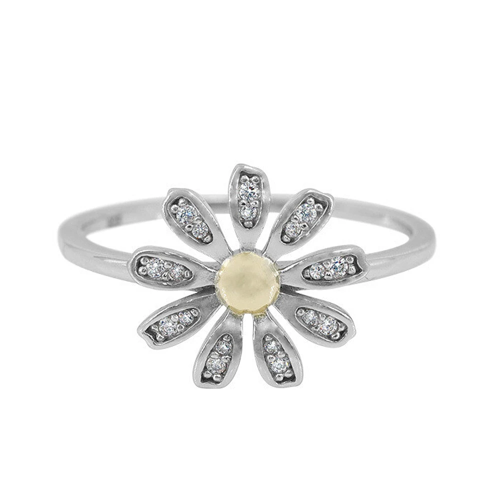 Sterling Silver With 2 Tone, 12mm Flower Ring With Cubic Zirconia, 1mm Band