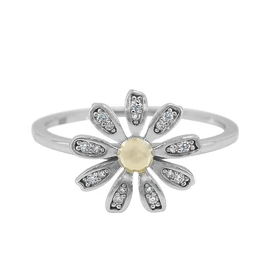 Sterling Silver With 2 Tone, 12mm Flower Ring With Cubic Zirconia, 1mm Band