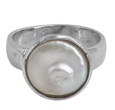 Sterling Silver With Rhodium, 17mm Pearl Ring With 4mm Band