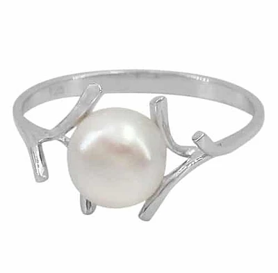 Sterling Silver With Rhodium, 7mm Pearl Ring With 1.5mm Band