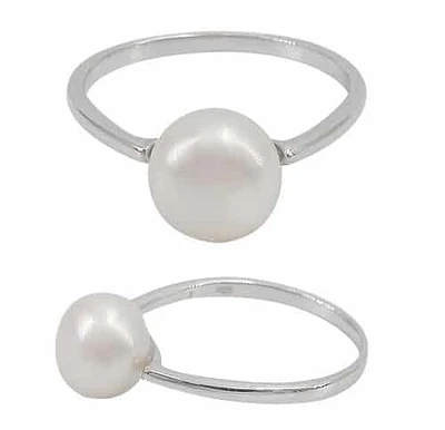 Sterling Silver With Rhodium, 8mm Pearl Ring With 2.5mm Band