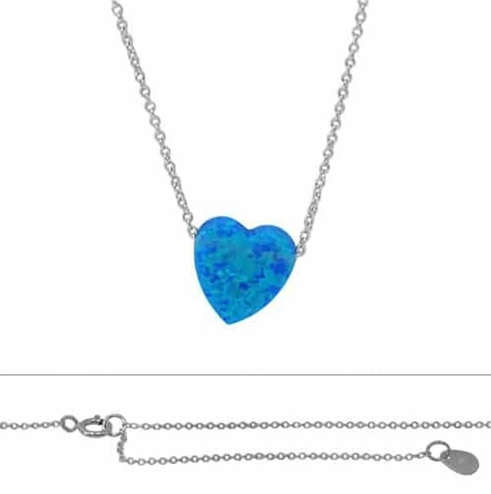 Sterling Silver With Rhodium, Blue Emulated Opal Heart (10mm) Charm