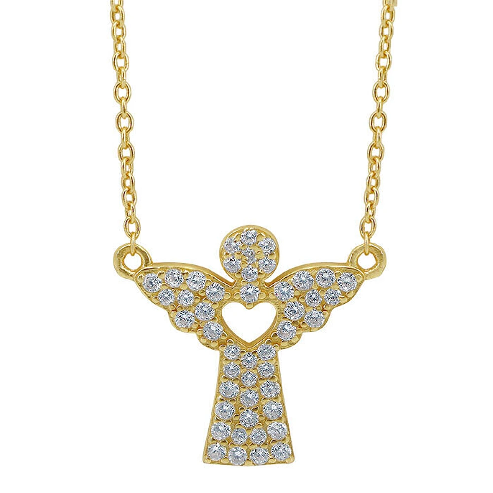 Sterling Silver With Gold, 16X17mm Angel Necklace With Cubic Zirconia