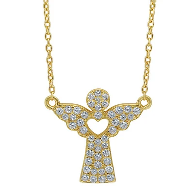 Sterling Silver With Gold, 16X17mm Angel Necklace With Cubic Zirconia