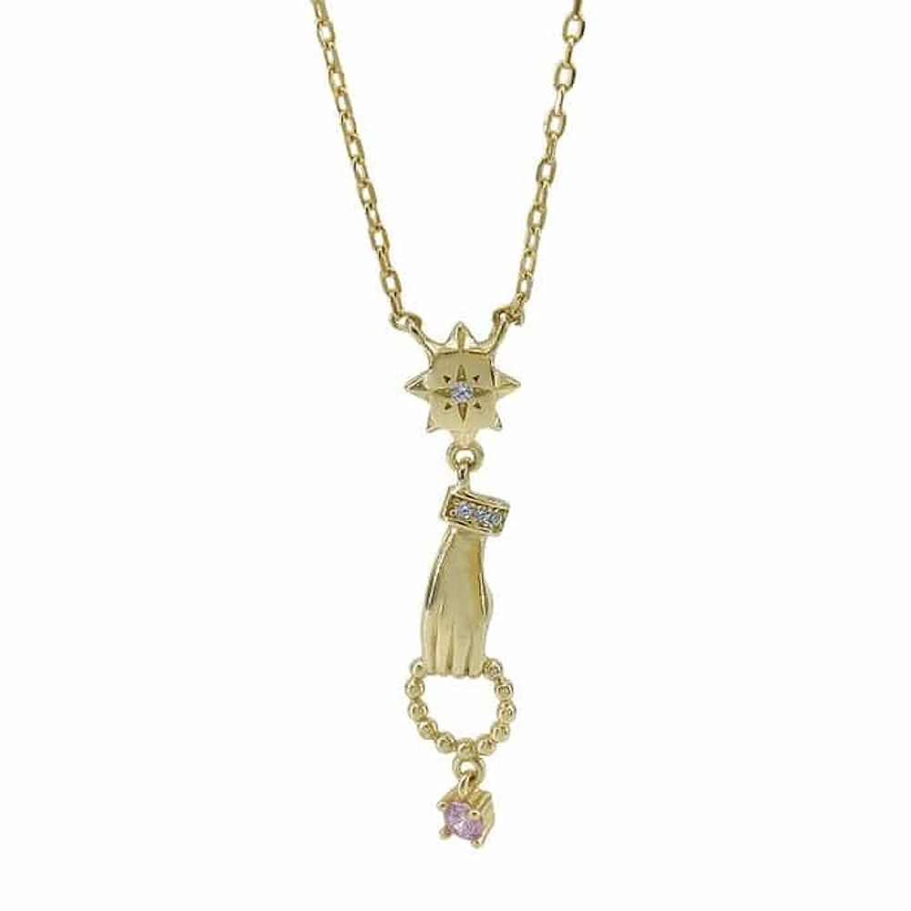 Sterling Silver With Gold, 8X31mm Hands Necklace With Cubic Zirconia