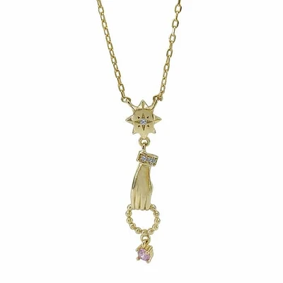 Sterling Silver With Gold, 8X31mm Hands Necklace With Cubic Zirconia