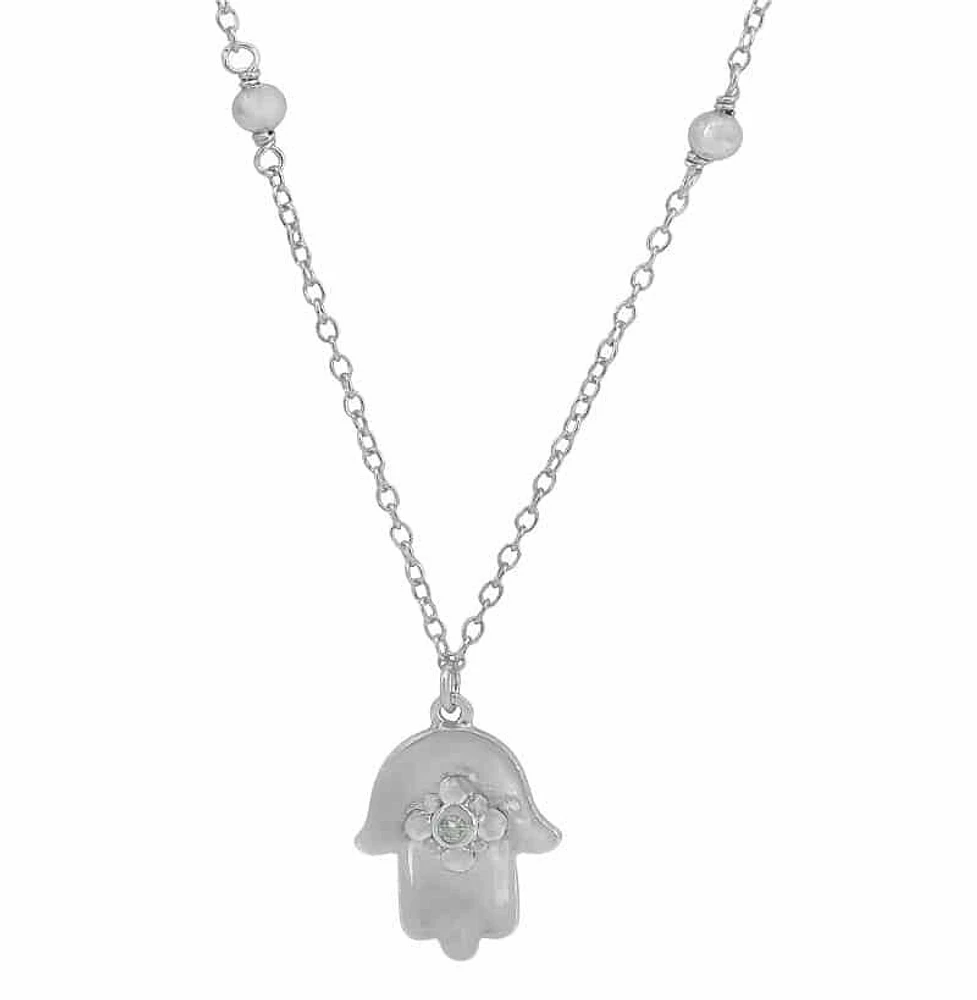Sterling Silver With Rhodium, 14X11mm Hamsa Necklace With 2mm Cubic Zirconia