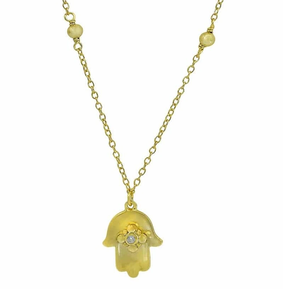 Sterling Silver With Gold, 14X11mm Hamsa Necklace With 2mm Cubic Zirconia