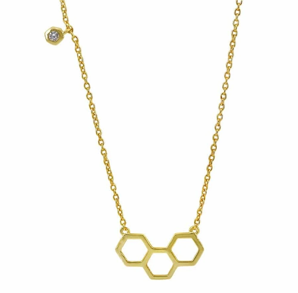 Sterling Silver With Gold, 18X10mm Honeycomb Necklace With 3mm Cubic Zirconia