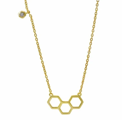 Sterling Silver With Gold, 18X10mm Honeycomb Necklace With 3mm Cubic Zirconia