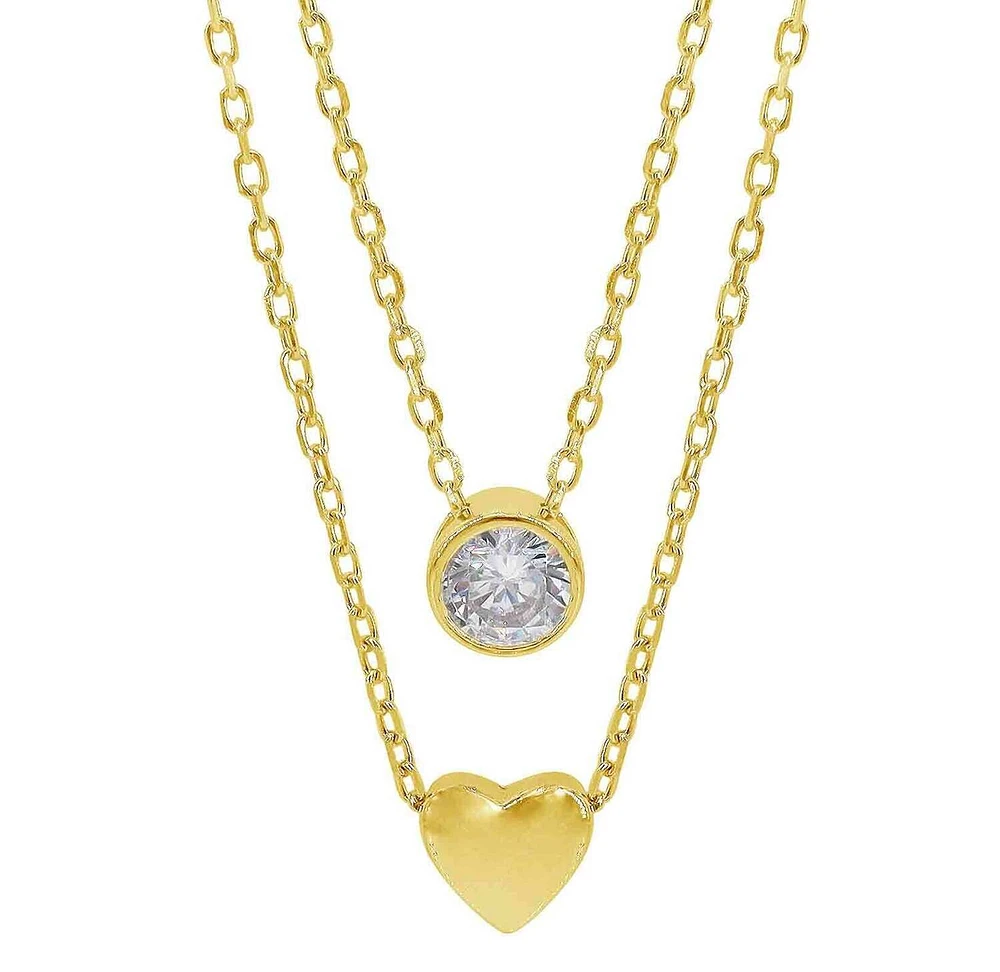 Sterling Silver With Gold, 6X6mm Heart And 5mm Cubic Zirconia Necklace