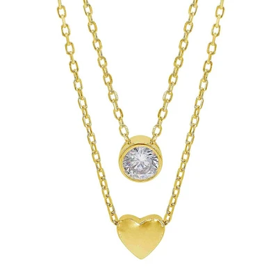 Sterling Silver With Gold, 6X6mm Heart And 5mm Cubic Zirconia Necklace