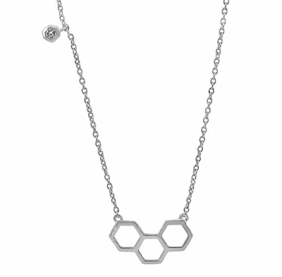 Sterling Silver With Rhodium, 18X10mm Honeycomb Necklace With 3mm Cubic Zirconia